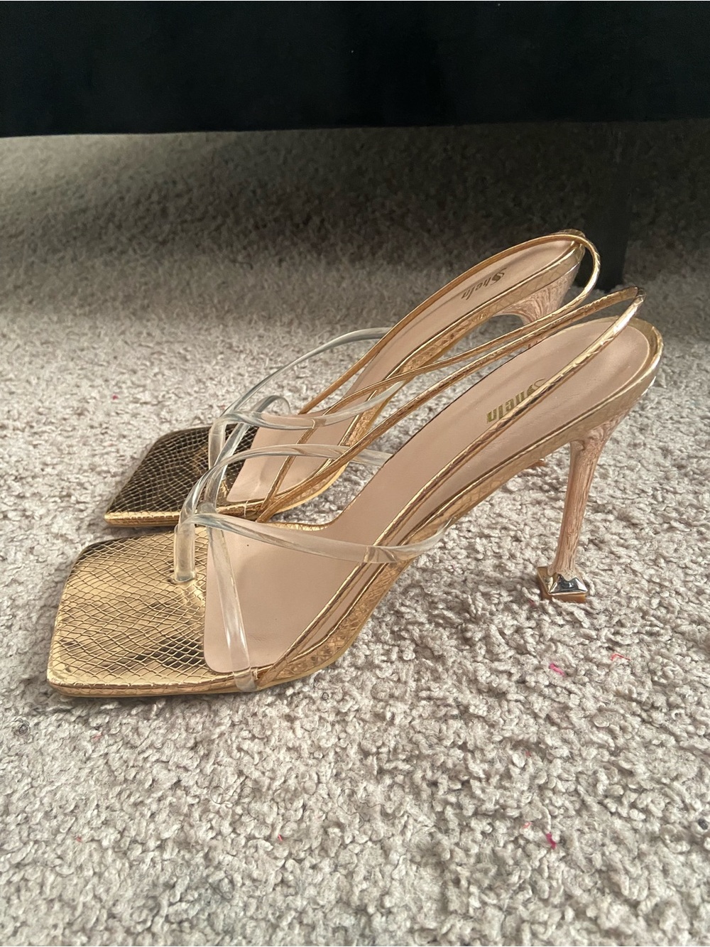SHEIN Gold Metallic Clear-Strap Square-Toe Stiletto Heels